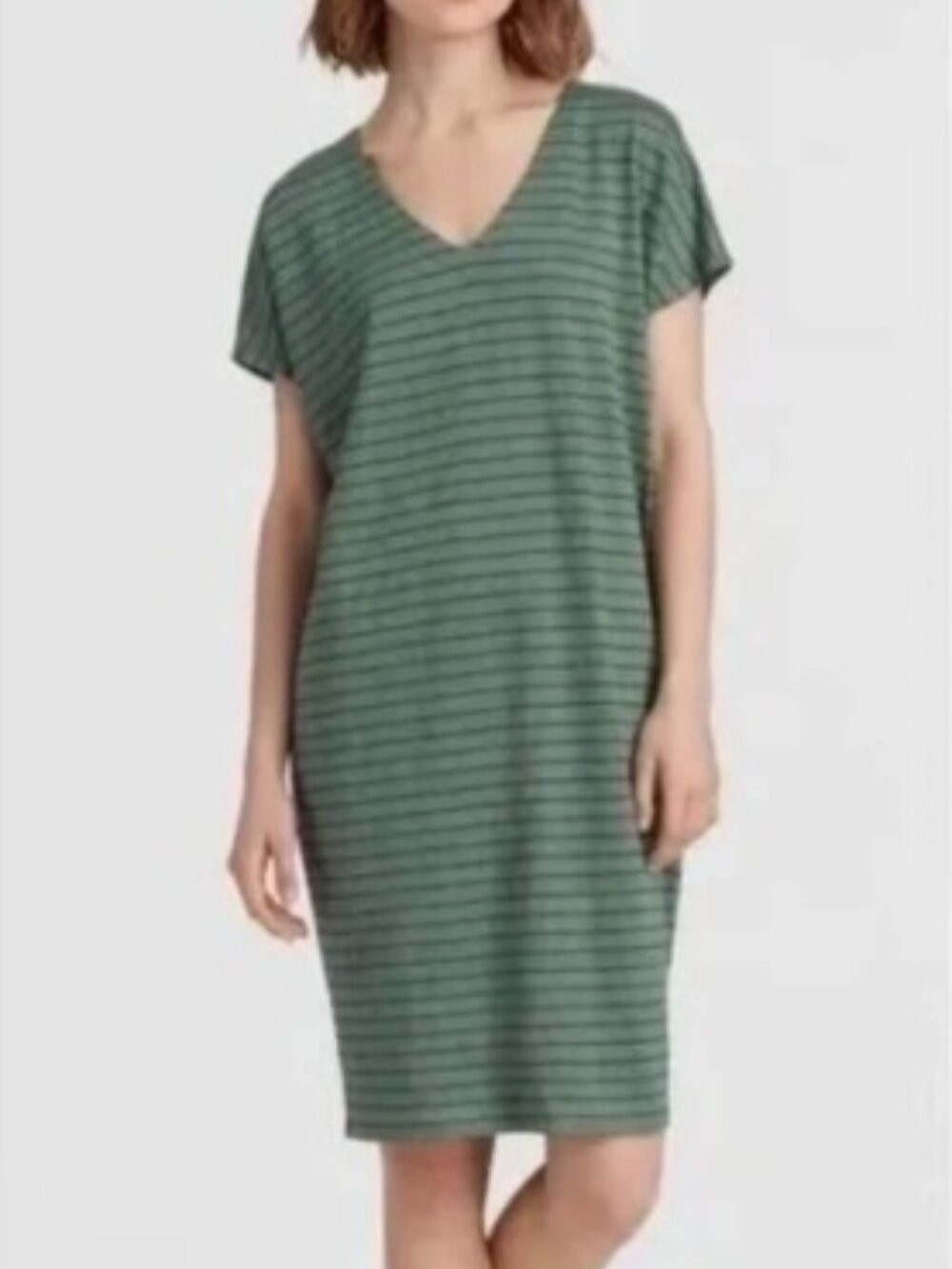 Eileen Fisher Linen Striped Tunic Dress Cap Sleeve V-Neck Size Large